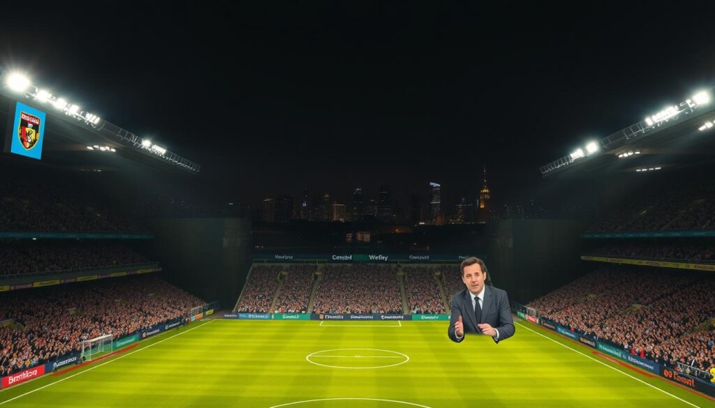 A sports stadium at night, the field illuminated by floodlights casting dramatic shadows. In the foreground, a detailed scoreboard displays the match details - Brentford vs. Manchester United. Surrounding the field, packed stands of cheering fans create an electric atmosphere. In the middle ground, animated commentators discuss the game's progress, their expressions intense. In the background, the city skyline glows, hinting at the high-stakes drama unfolding on the pitch. The lighting is cinematic, emphasizing the tension and excitement of the match prediction.