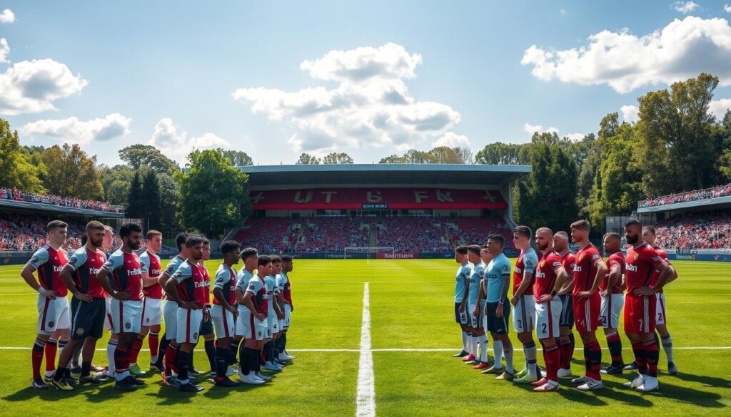 Two rival football teams, Brentford and Manchester United, take the field under a bright, sun-dappled afternoon sky. In the foreground, the starting lineups of both squads stand ready, their kits crisp and colors vivid. Midfielders and forwards adopt confident, poised stances, while defenders stand steadfast, prepared to repel any attacks. In the middle ground, the iconic Brentford Community Stadium rises, its modern architecture and packed stands creating an electric atmosphere. The background features lush, verdant trees and a hint of the bustling city beyond, setting the stage for an intense, high-stakes match between these two Premier League contenders.
